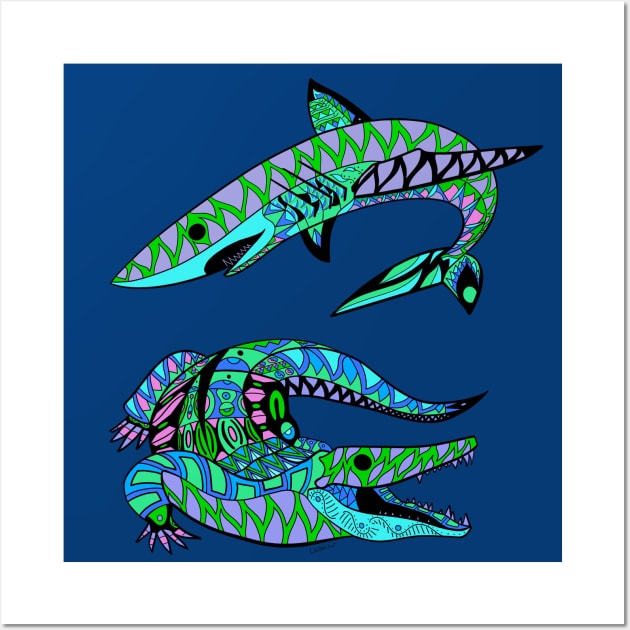 the kings of the swamp the shark and the alligator ecopop arts Wall Art by jorge_lebeau